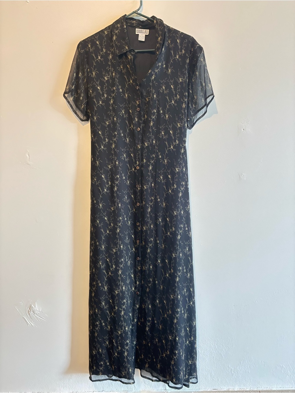 Robbie Bee 100% Silk Black Midi Shirt Dress with Gold Vine Print